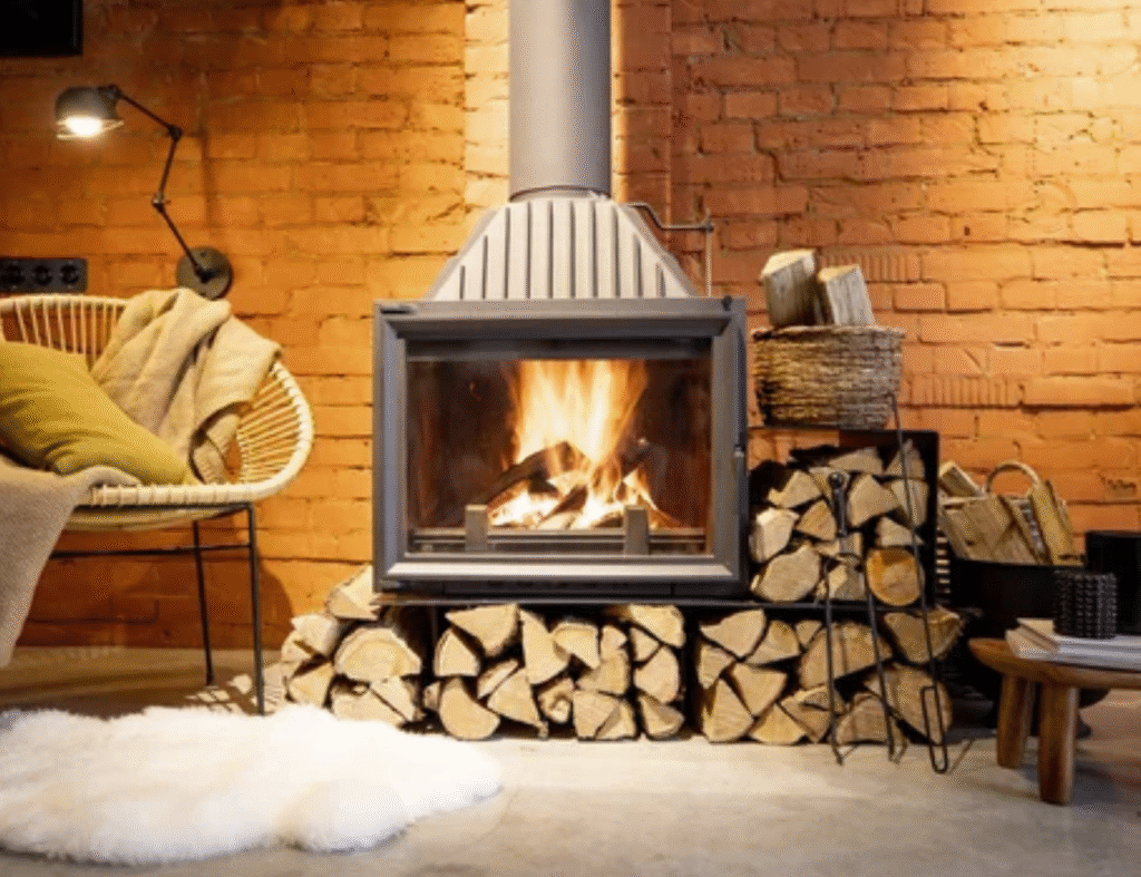 Modern fireplace with burning fire and stacked kiln-dried logs