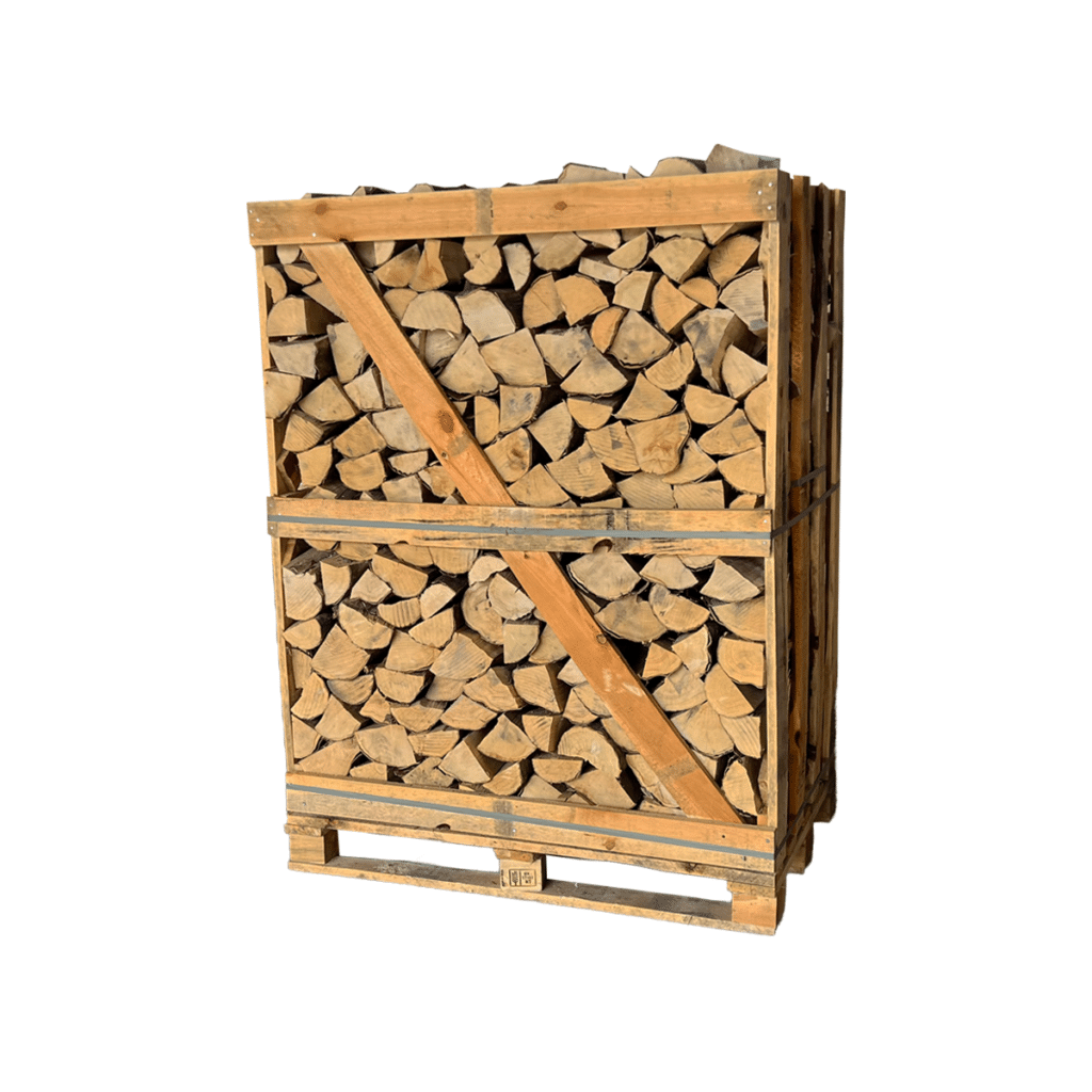 Large crate of kiln-dried ash firewood logs stacked for delivery