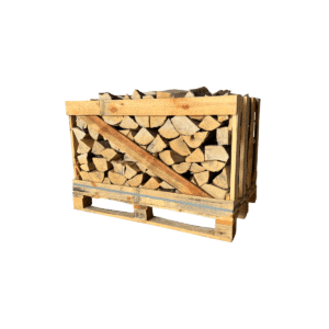 Medium crate of kiln-dried ash firewood logs stacked and ready to burn