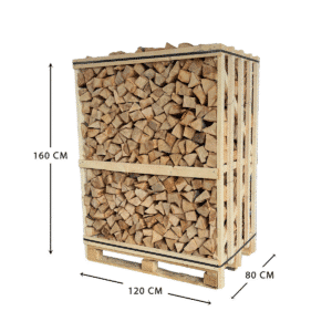 Kiln dried beech firewood large crate with dimensions 160 × 120 × 80 cm, neatly stacked hardwood logs.