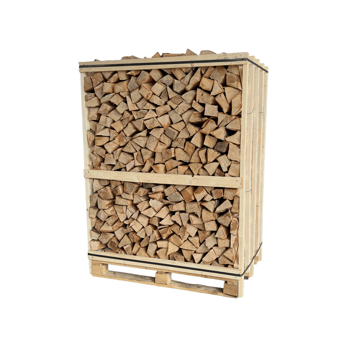 Large crate of kiln-dried beech firewood logs stacked for delivery