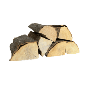 Kiln-dried hornbeam firewood logs close-up, stacked pieces with bark