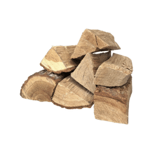 Premium kiln-dried oak firewood close-up. Dense hardwood logs with bark, ideal for wood burners, stoves, and open fireplaces. Low moisture and clean burning.