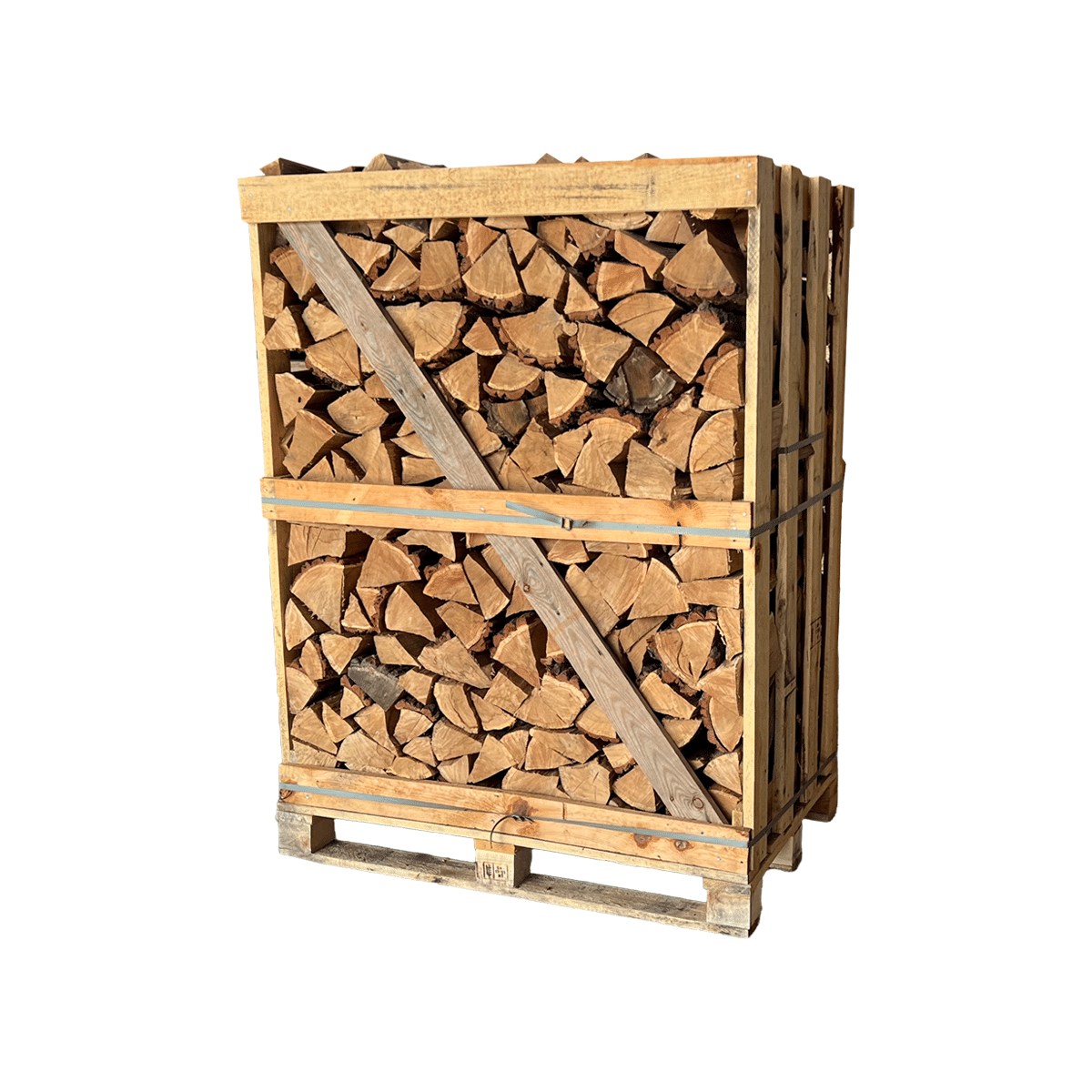 Kiln-dried oak firewood stacked in a large crate – premium hardwood logs