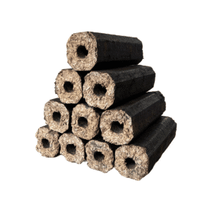 Close-up of stacked Pini Kay heat logs made from pure hardwood
