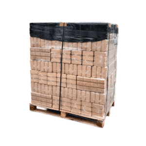 Pallet of RUF wood briquettes shrink-wrapped for delivery