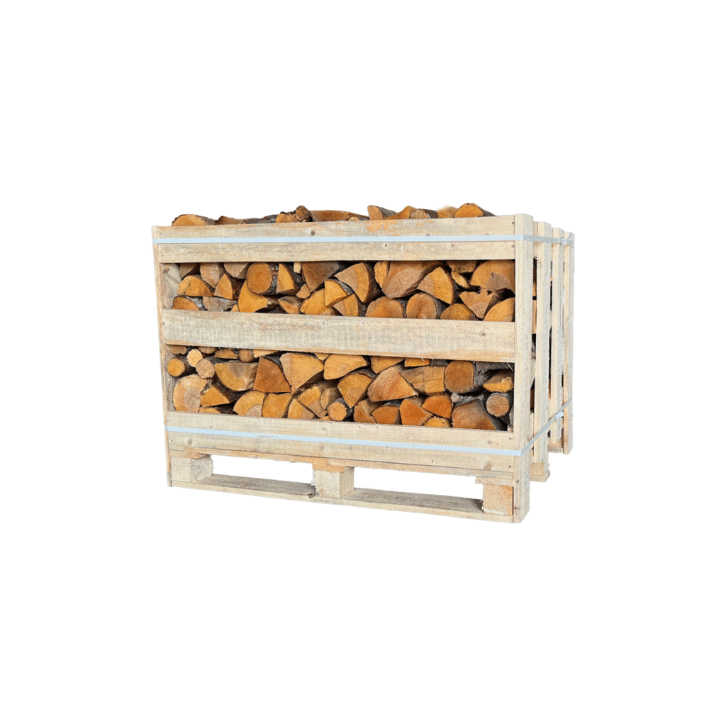 Medium crate of kiln-dried mixed hardwood firewood – ready to burn logs stacked on pallet for delivery.