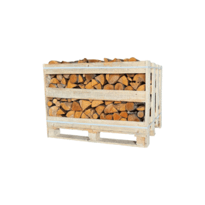 Medium crate of kiln-dried mixed hardwood firewood – ready to burn logs stacked on pallet for delivery.