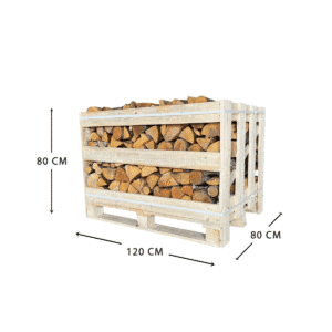 Mixed kiln-dried hardwood firewood medium crate with dimensions 120 x 80 x 80 cm – ready to burn logs for home heating.